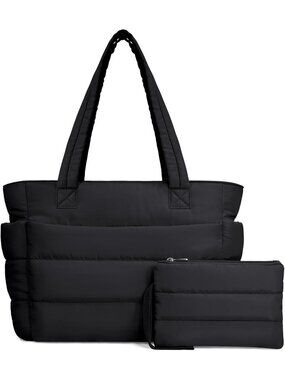 Women's Black Lightweight Puffy Handbag with Compartments Quilted for Work